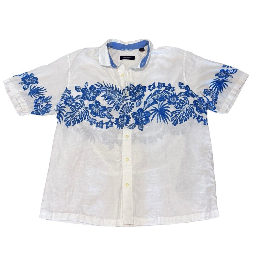 Tommy Bahama White Linen Button Down Blue Tropical Palm Print Chest Band 2XB